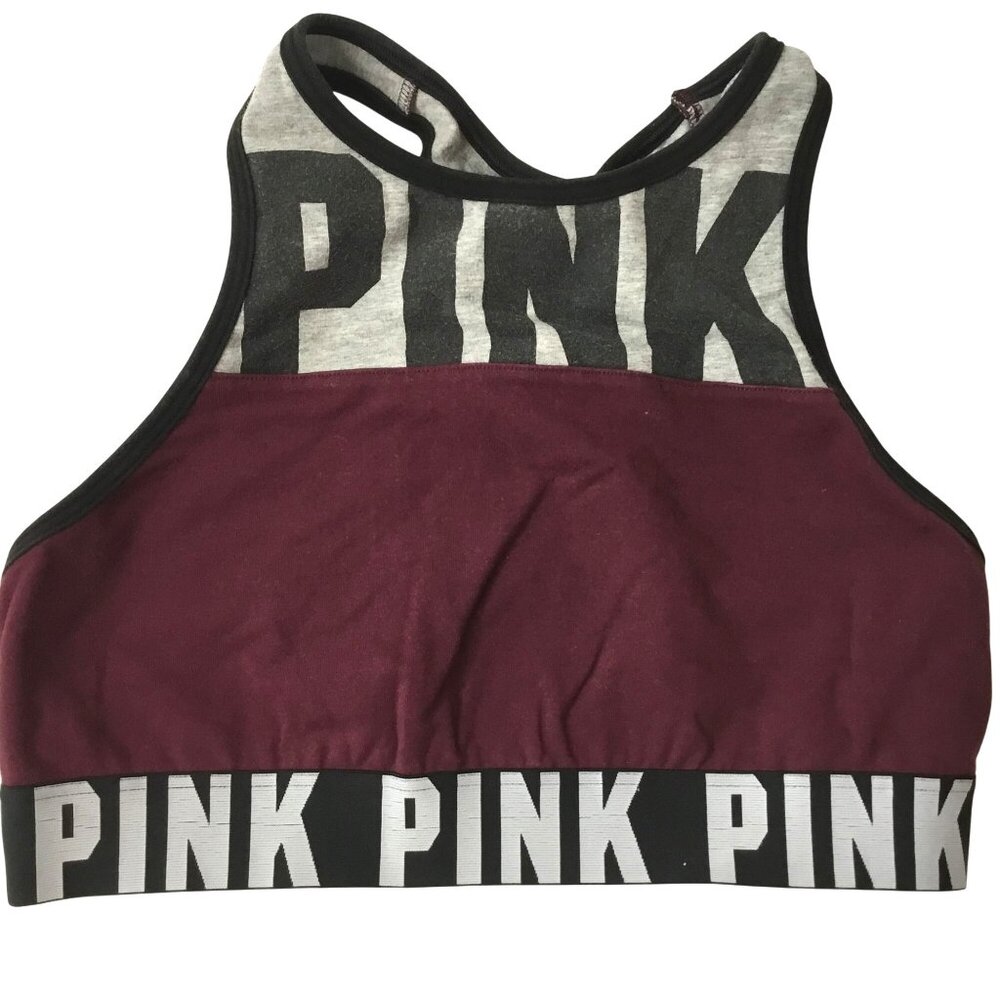 PINK VICTORIA’S SECRET Women Maroon Logo Sports Bra Racerback Gym Top S Cotton